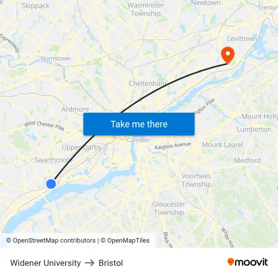 Widener University to Bristol map