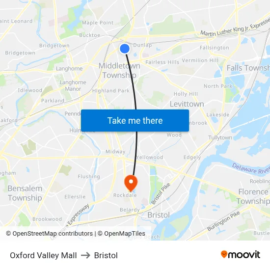 Oxford Valley Mall to Bristol map