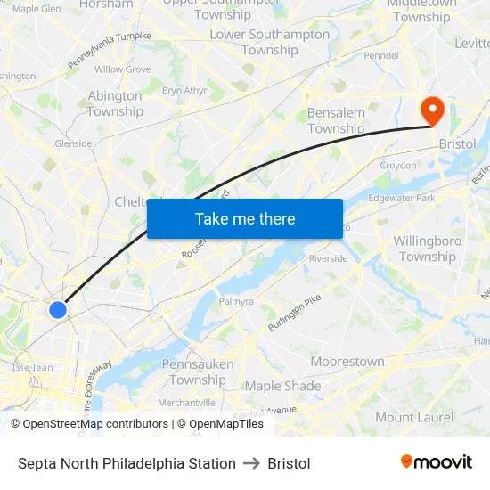Septa North Philadelphia Station to Bristol map