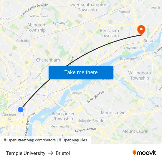 Temple University to Bristol map