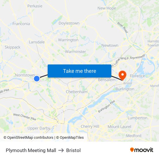 Plymouth Meeting Mall to Bristol map