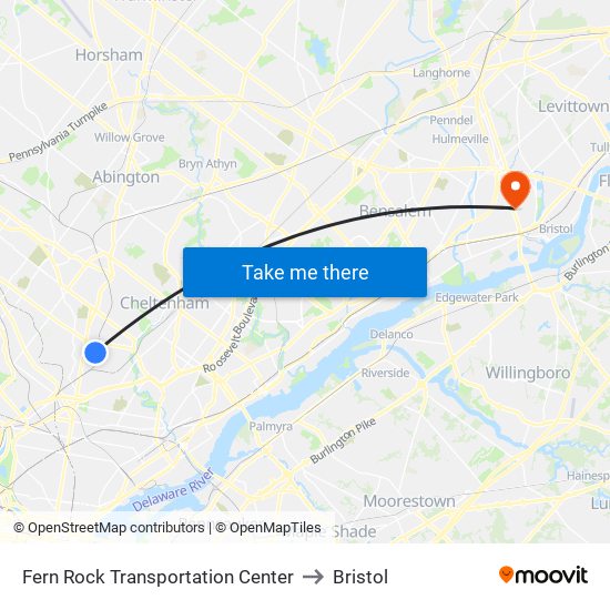 Fern Rock Transportation Center to Bristol map