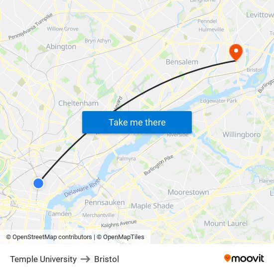 Temple University to Bristol map
