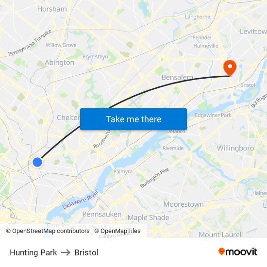 Hunting Park to Bristol map