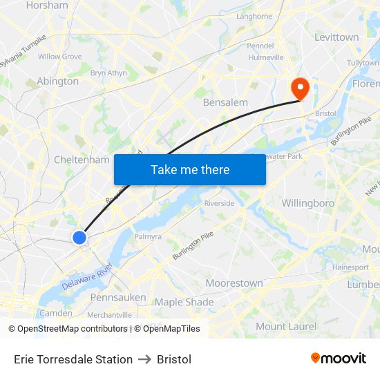 Erie Torresdale Station to Bristol map