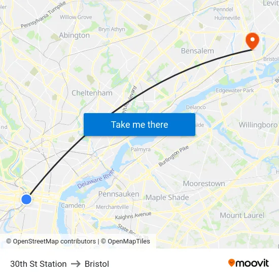 30th St Station to Bristol map
