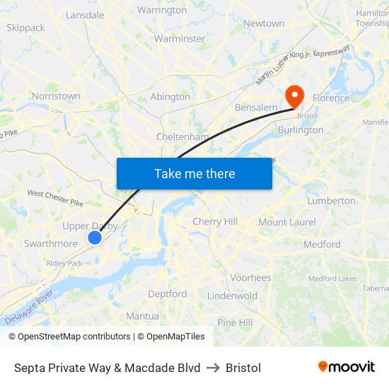 Septa Private Way & Macdade Blvd to Bristol map