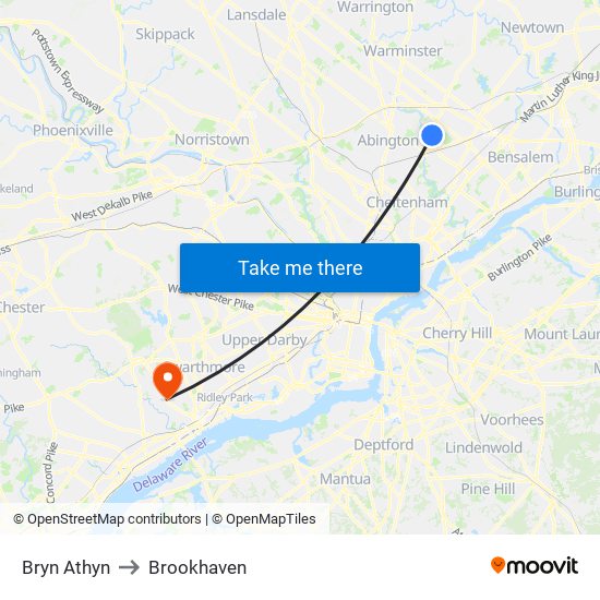 Bryn Athyn to Brookhaven map