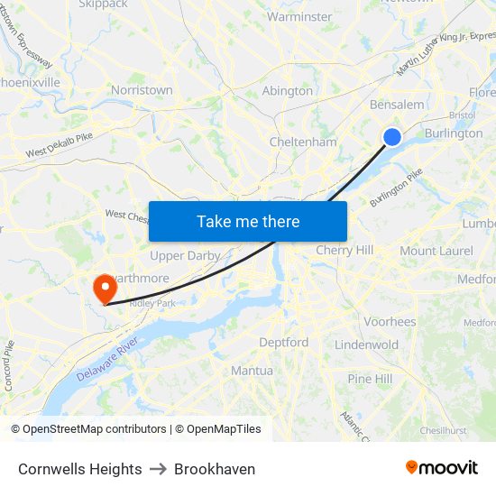 Cornwells Heights to Brookhaven map