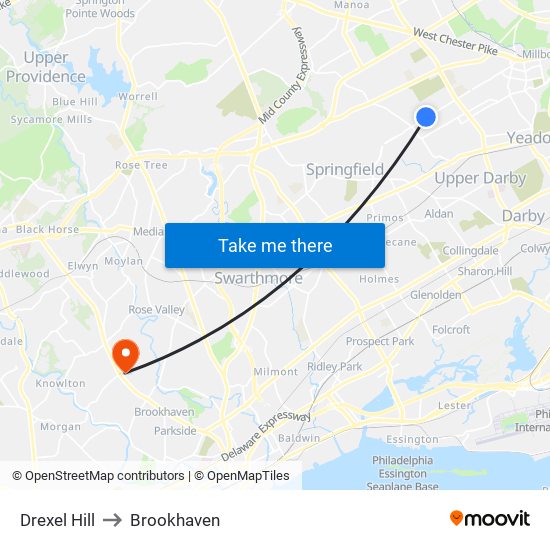 Drexel Hill to Brookhaven map