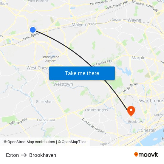 Exton to Brookhaven map