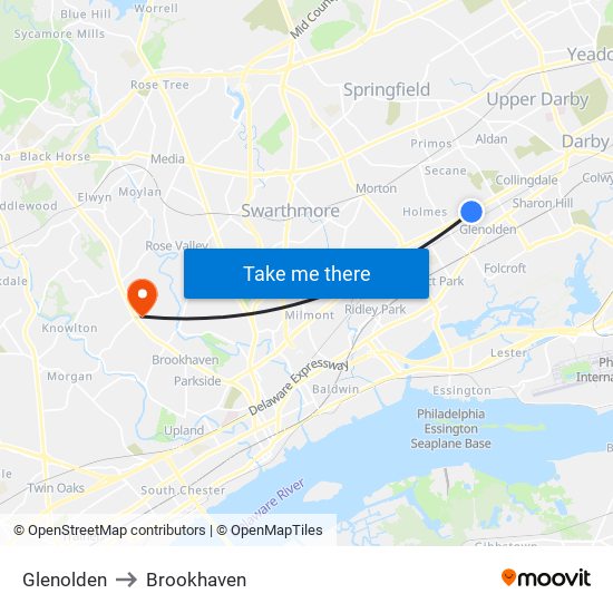 Glenolden to Brookhaven map