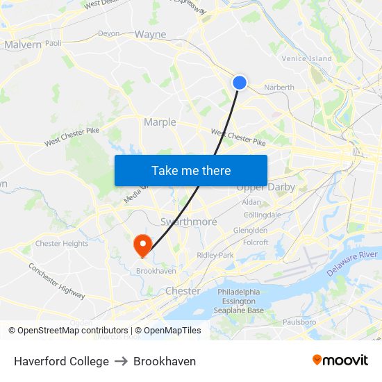 Haverford College to Brookhaven map