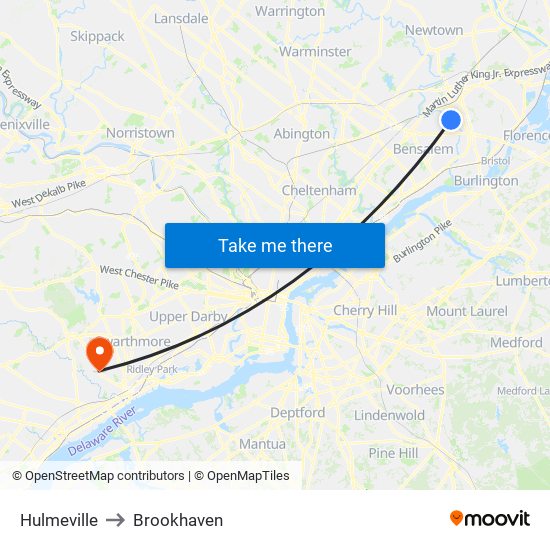 Hulmeville to Brookhaven map