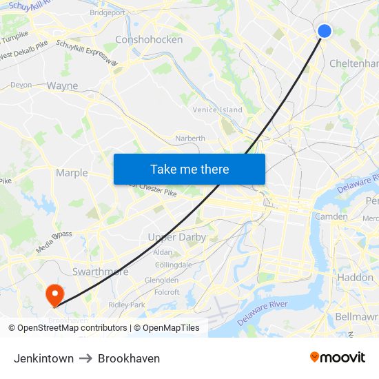 Jenkintown to Brookhaven map