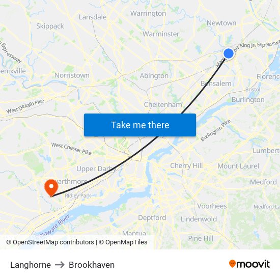 Langhorne to Brookhaven map