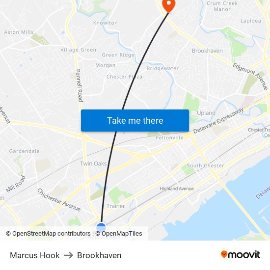 Marcus Hook to Brookhaven map