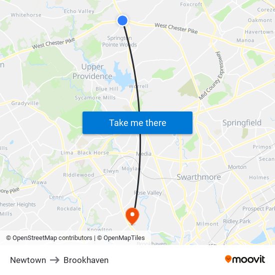 Newtown to Brookhaven map