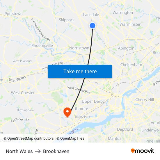 North Wales to Brookhaven map