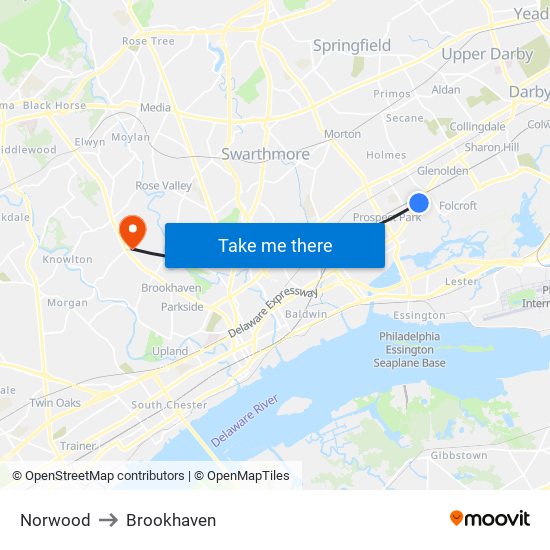 Norwood to Brookhaven map