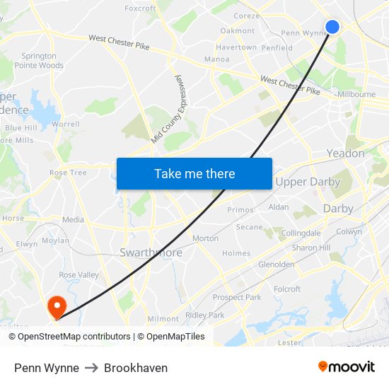 Penn Wynne to Brookhaven map