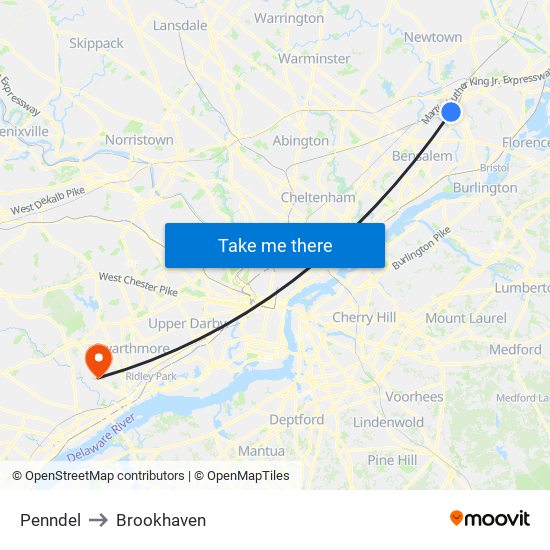 Penndel to Brookhaven map