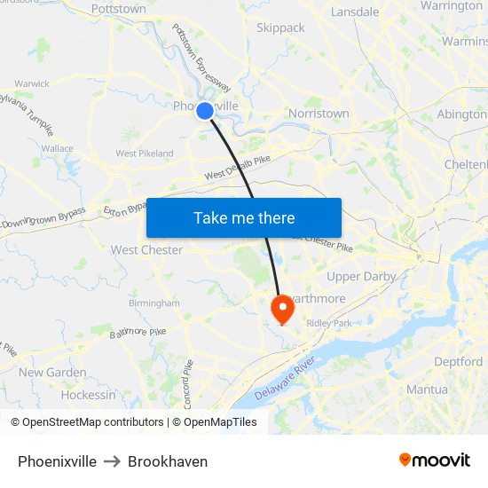Phoenixville to Brookhaven map