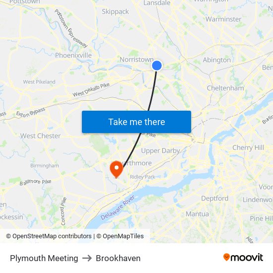 Plymouth Meeting to Brookhaven map