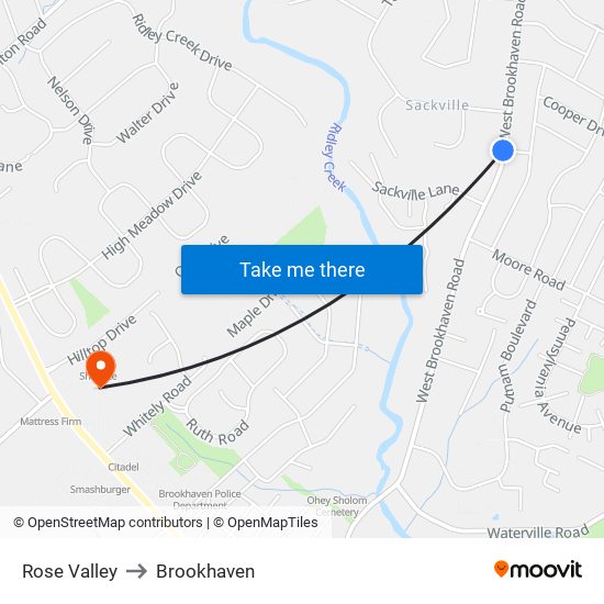 Rose Valley to Brookhaven map