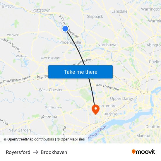 Royersford to Brookhaven map