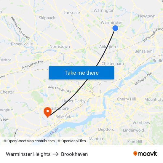 Warminster Heights to Brookhaven map