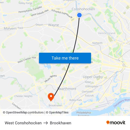 West Conshohocken to Brookhaven map