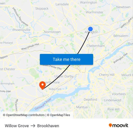 Willow Grove to Brookhaven map