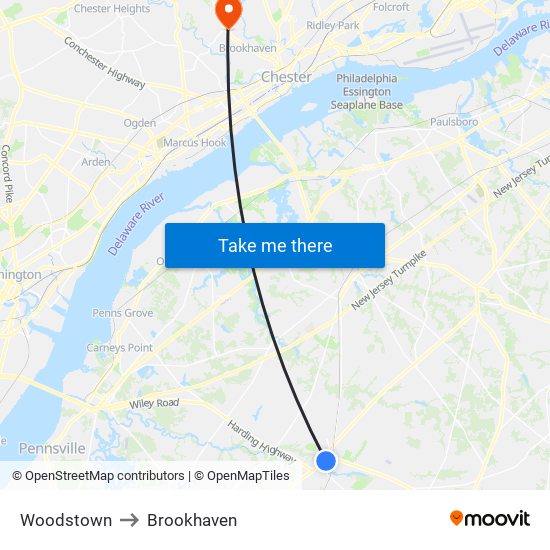 Woodstown to Brookhaven map