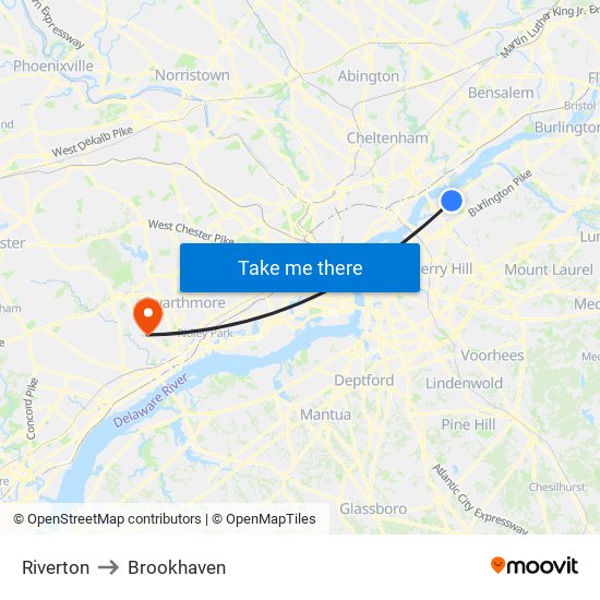 Riverton to Brookhaven map