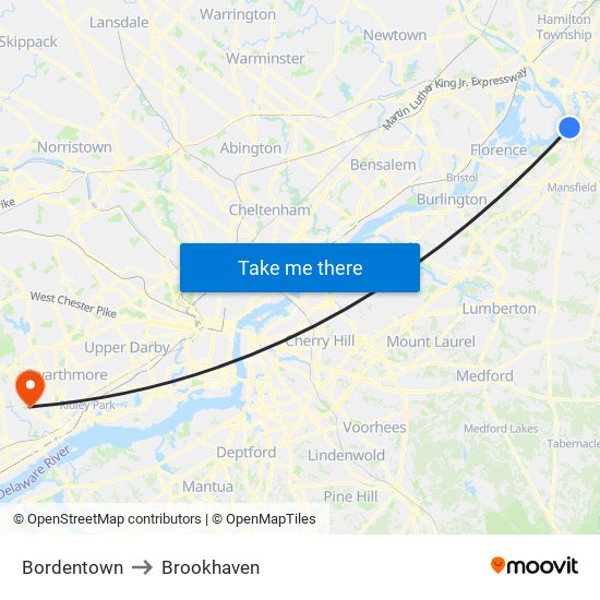 Bordentown to Brookhaven map