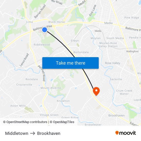 Middletown to Brookhaven map