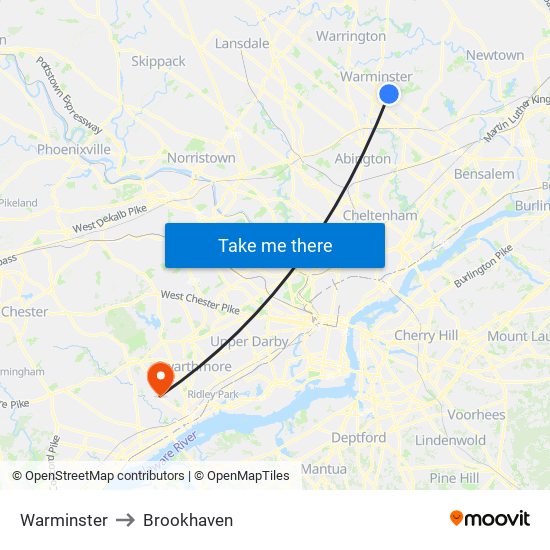 Warminster to Brookhaven map