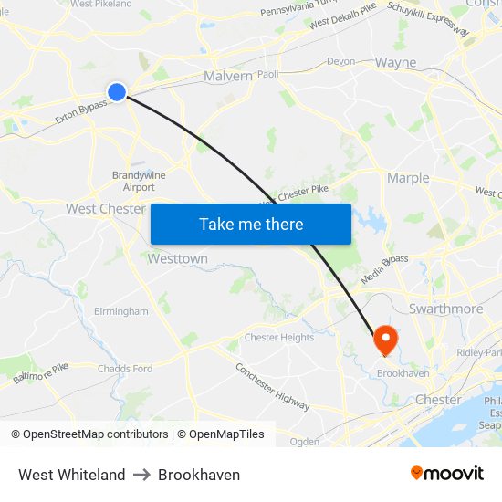 West Whiteland to Brookhaven map