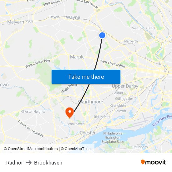 Radnor to Brookhaven map