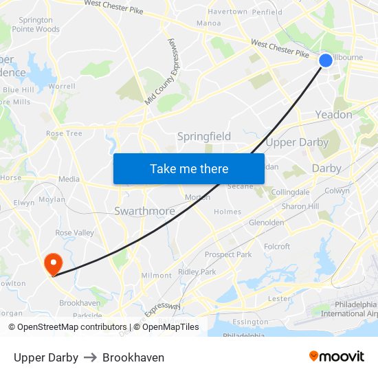 Upper Darby to Brookhaven map