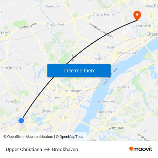 Upper Christiana to Brookhaven map