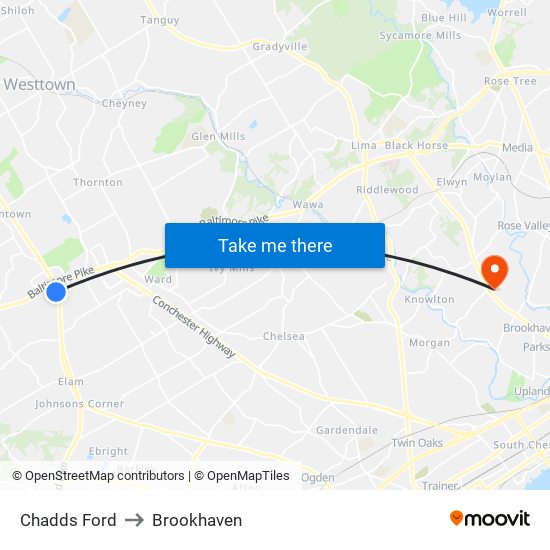 Chadds Ford to Brookhaven map