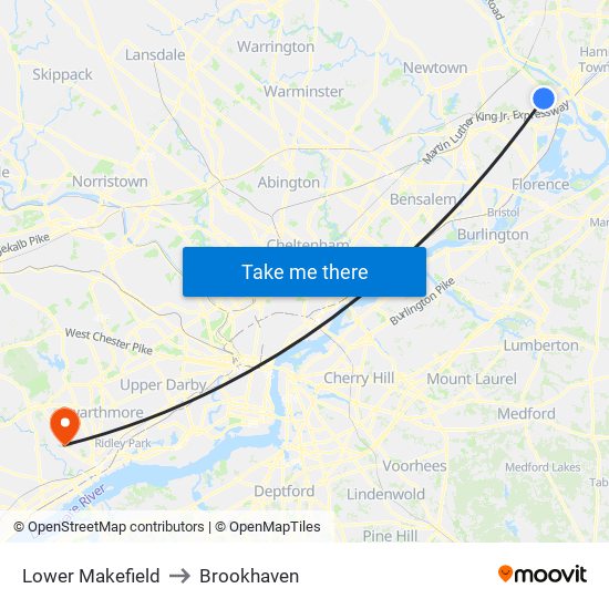 Lower Makefield to Brookhaven map
