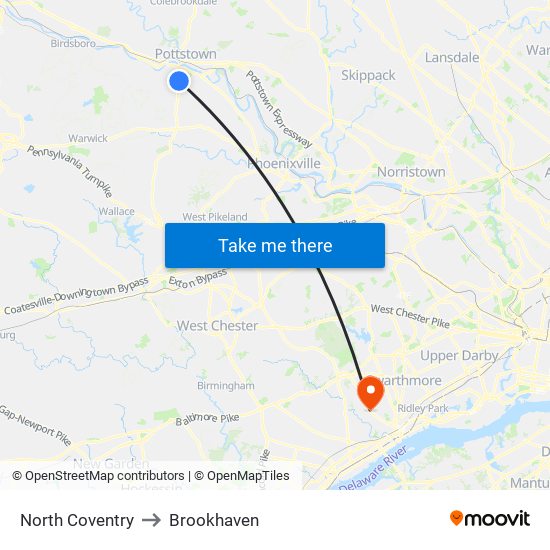 North Coventry to Brookhaven map