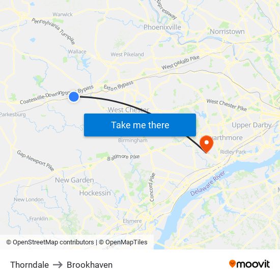 Thorndale to Brookhaven map