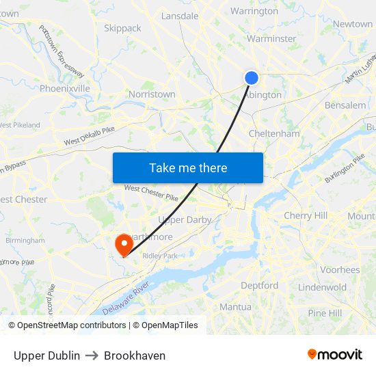 Upper Dublin to Brookhaven map