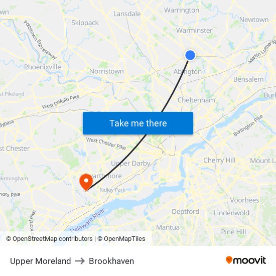 Upper Moreland to Brookhaven map