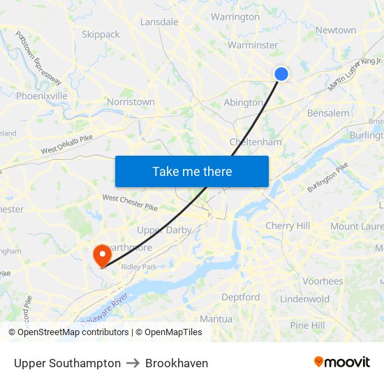 Upper Southampton to Brookhaven map