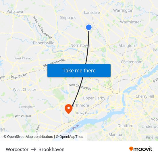 Worcester to Brookhaven map